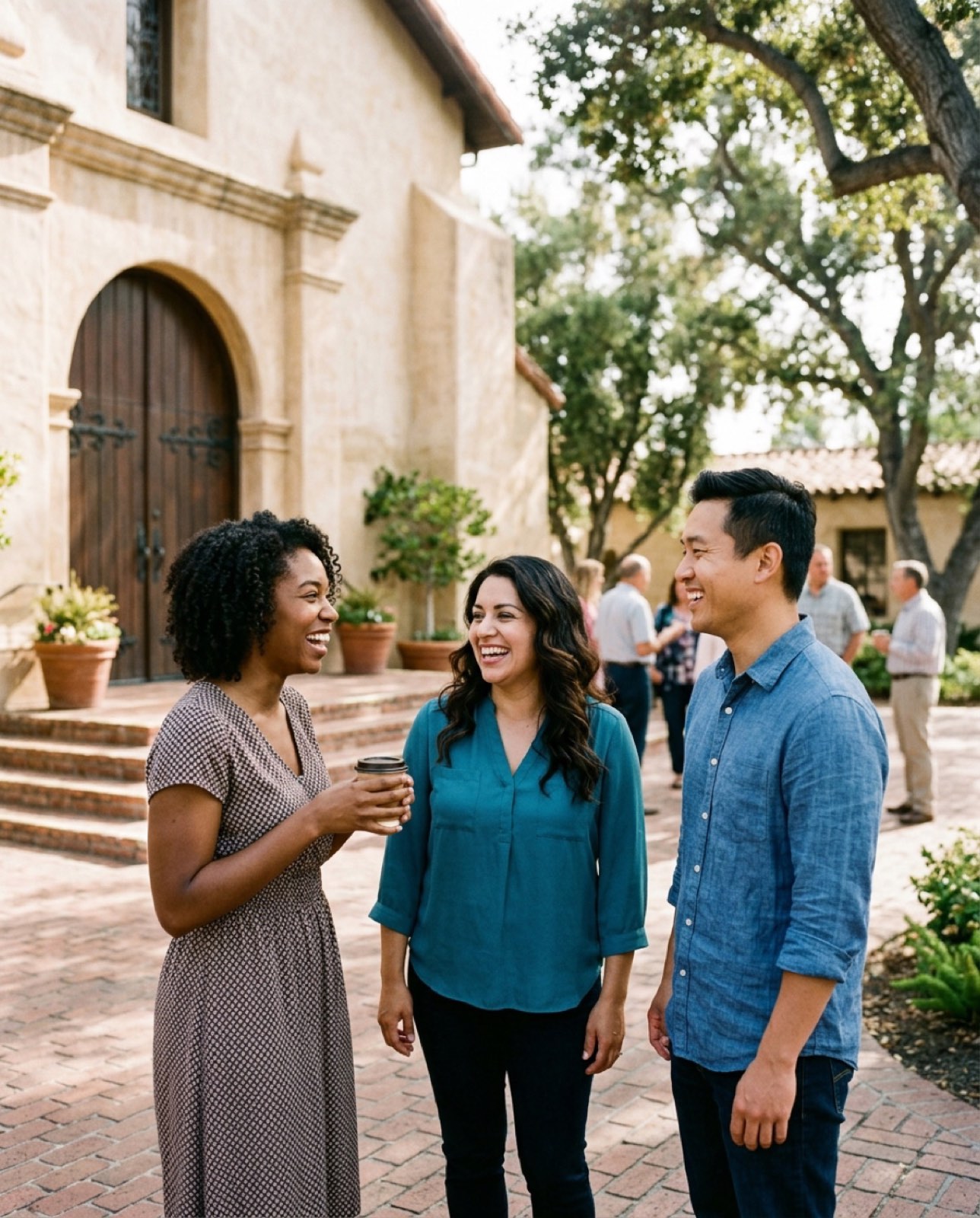 Friends gathering and talking together after a service in Old Towne Orange